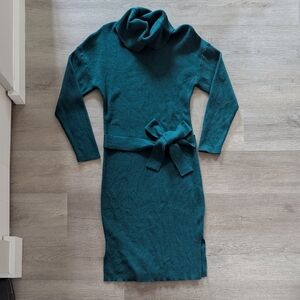 Teal Cowl-Neck Drop-Shoulder Long-Sleeve Sweater Dress Anrabess Size M